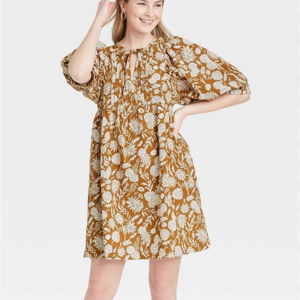 Universal Thread Boho Brown Floral Mini Dress puff sleeve Cottagecore Flowy‎